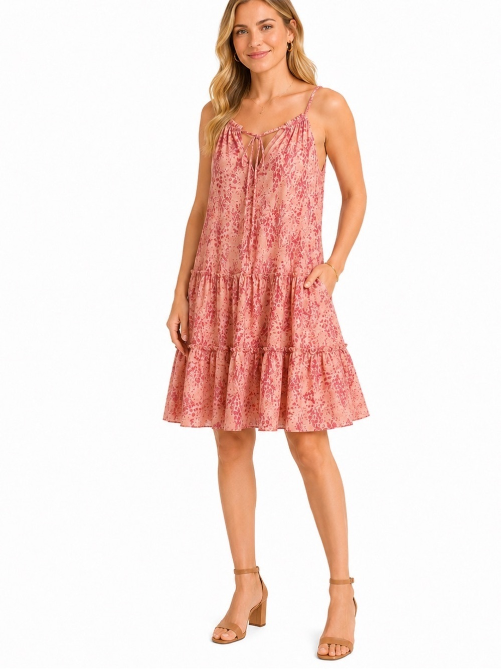 DREW Anthropologie Naomi Pink Floral Tiered Mini Dress Boho S